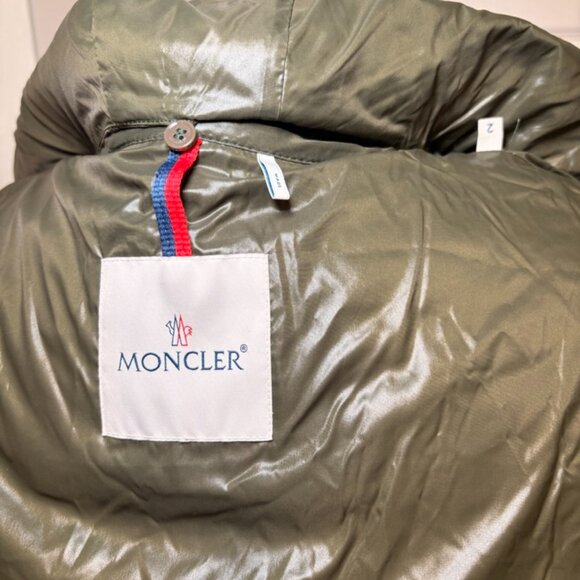 Moncler Chevril Down Jacket, Pink Houndstooth Tweed with Olive Green Hood, Sz 2 - Picture 5 of 7